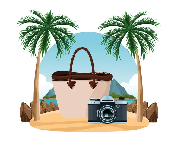 Playa de verano y dibujos animados de vacaciones — Vector de stock