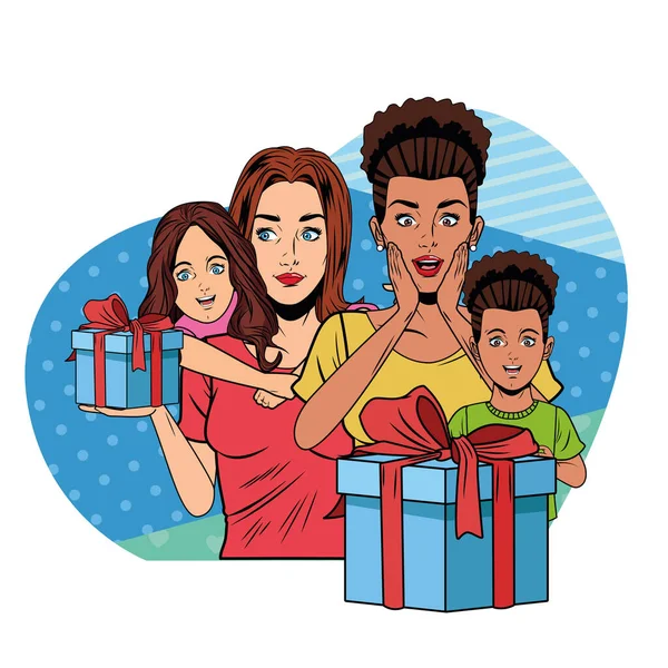 Mujeres y niñas con caja de regalo pop art — Vector de stock