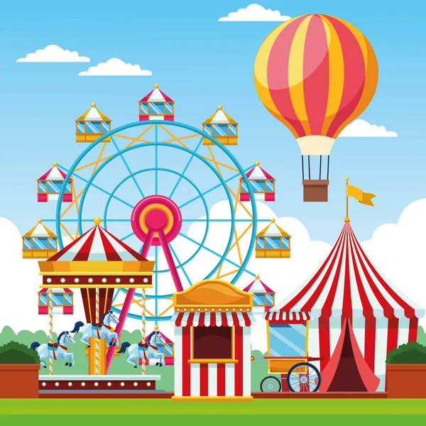 Fair festival with fun attractions scenery — Stock Vector