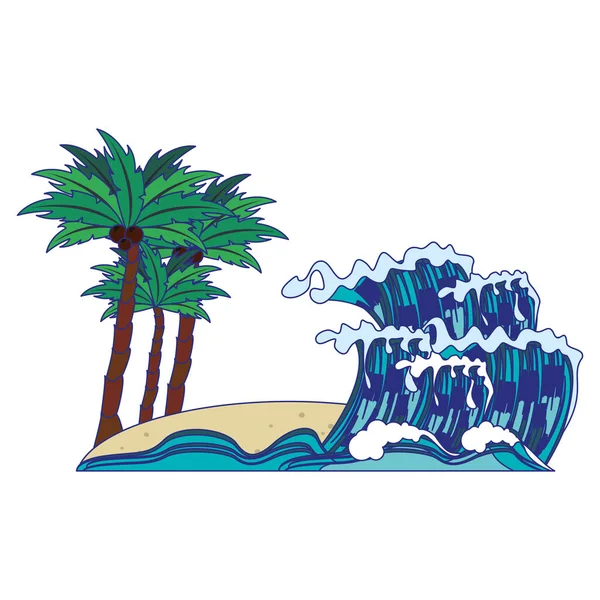 Παραλία με φοίνικες και θαλάσσια κύματα τοπίο κινουμένων σχεδίων απομονωμένη — Διανυσματικό Αρχείο