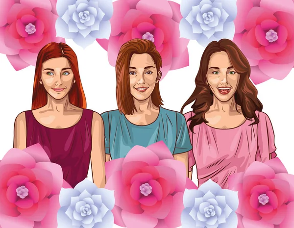 Pop arte belas mulheres sorrindo cartão de desenho animado —  Vetores de Stock