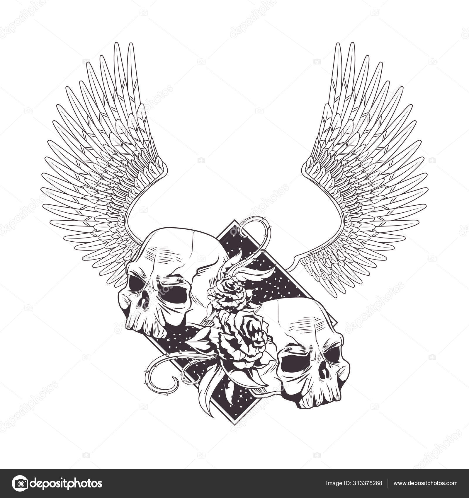 Totenkopf und Rosen gezeichnete Tattoo-Ikone Stock-Vektorbild von  ©jemastock 313375268, image size:1600x1700