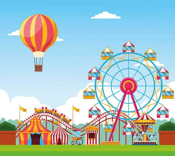 Fair festival with fun attractions scenery — Stock Vector