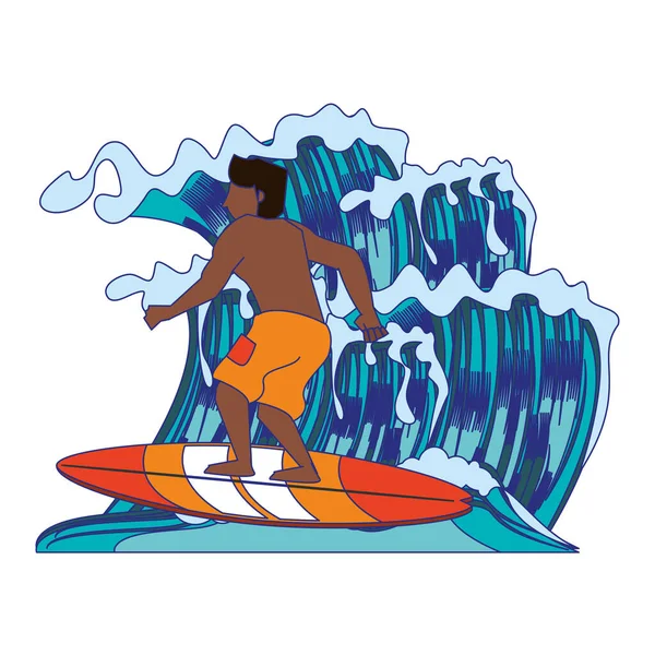 Hombre surf olas dibujos animados aislados — Vector de stock