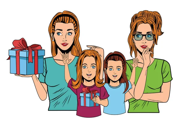 Mujeres y niñas con caja de regalo — Vector de stock