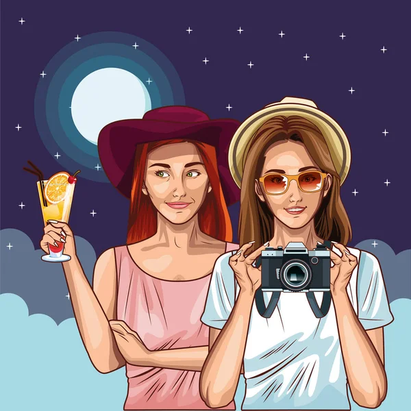 Pop arte mulheres amigos sorrindo desenhos animados — Vetor de Stock