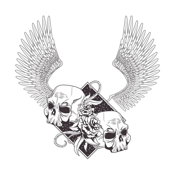 Cráneo y rosas dibujado icono del tatuaje — Vector de stock