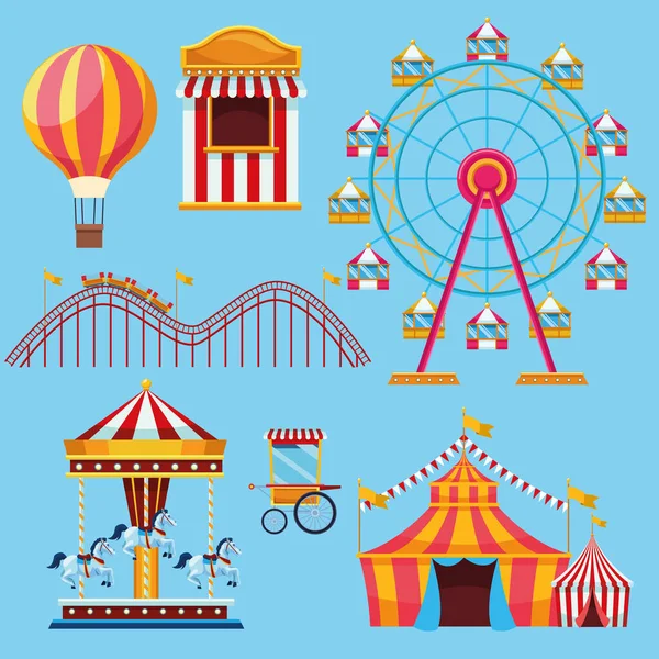 Circo e festival conjunto de ícones desenhos animados —  Vetores de Stock