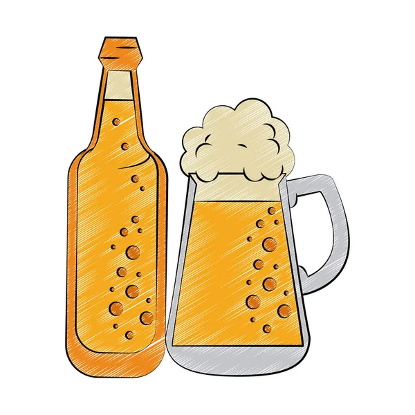 Coupe de bière froide et gribouillage de bouteille — Image vectorielle