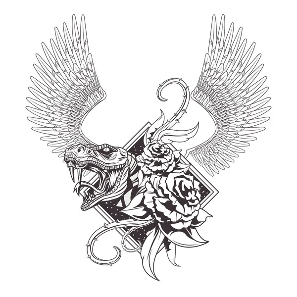 Gül çizilmiş dövme ikonlu yılan — Stok Vektör