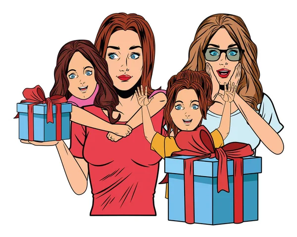 Femmes et filles avec boîte cadeau — Image vectorielle