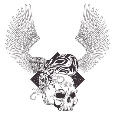 Güllü kafatası ve yılan çizilmiş dövme simgesi