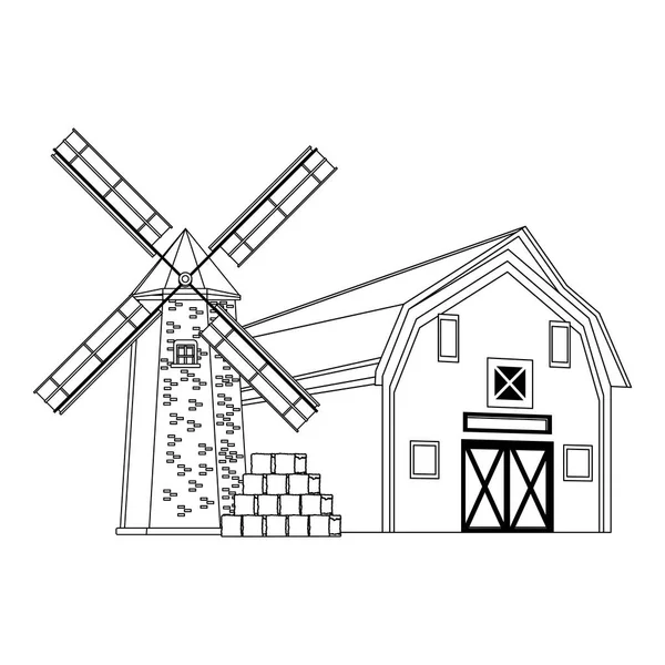 Ferme en bois et moulin à vent design — Image vectorielle