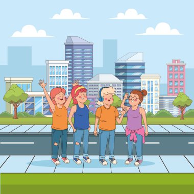 Gençler şehirde eğleniyor.