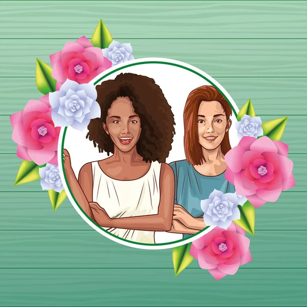 Pop arte hermosas mujeres sonriendo dibujos animados — Vector de stock