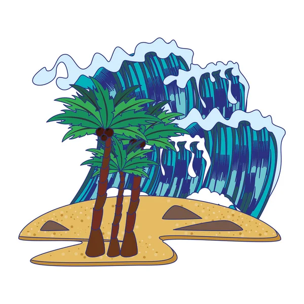Pláž s palmami a mořské vlny kreslené scenérie izolované — Stockový vektor