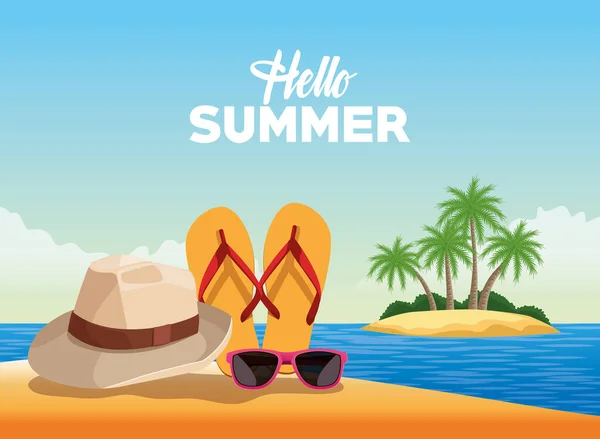 Olá cartaz de cartão de verão com desenhos animados — Vetor de Stock