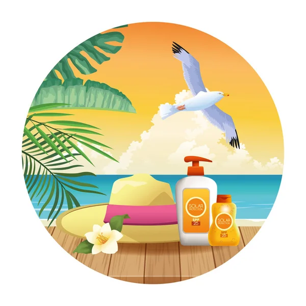Καλοκαίρι και παραλία προϊόντα κινούμενα σχέδια γύρο εικονίδιο — Διανυσματικό Αρχείο