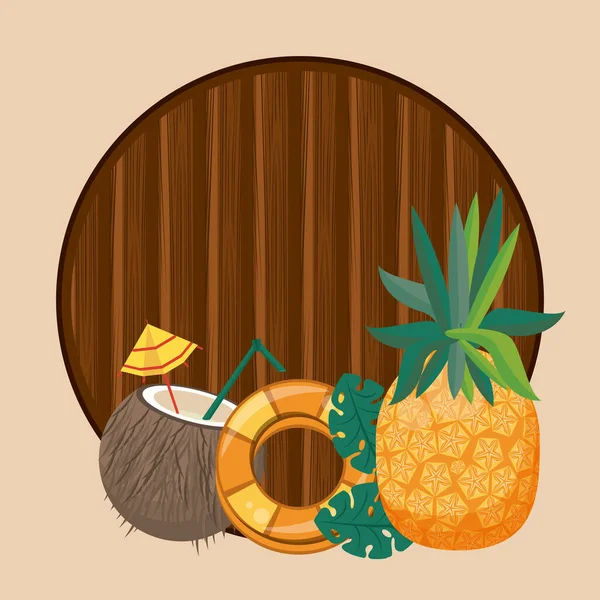 Summer and beach wooden round frame — Stock Vector