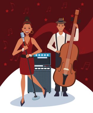 Enstrümanlı şarkıcı ve müzisyen, Jazz müzik grubu, renkli tasarım.