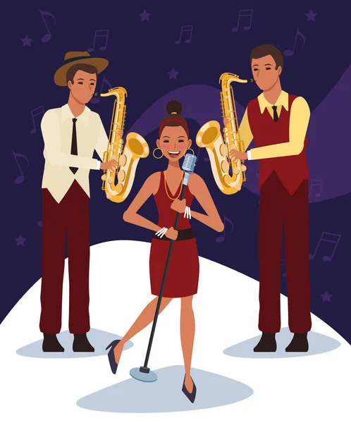 Singer and saxophonists, Jazz music band design — Stock Vector
