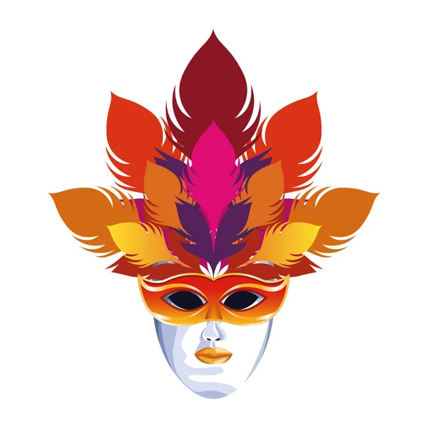 Mascarade masque avec plumes colorées, design plat coloré — Image vectorielle