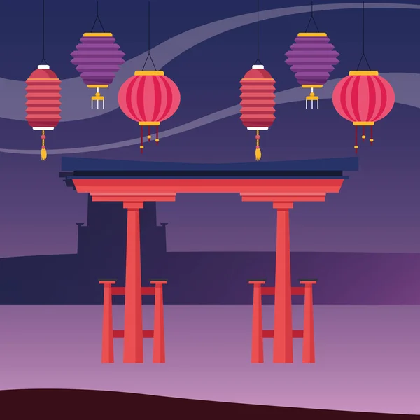 Lanternas chinesas e design de portão vermelho — Vetor de Stock