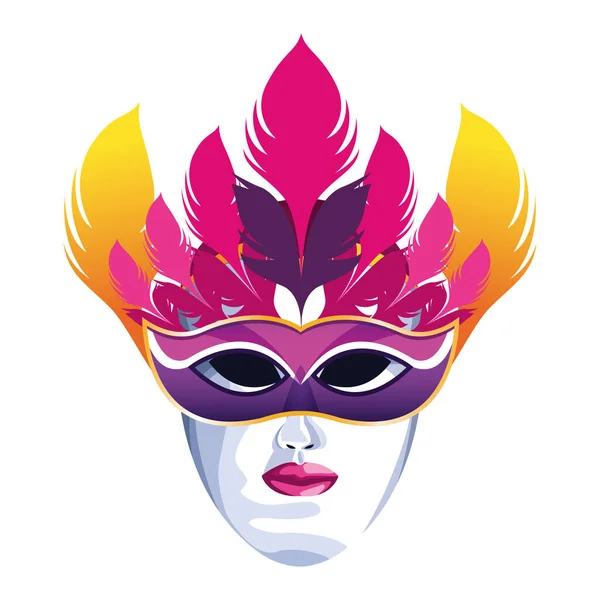 Masquerade mask med färgglada fjädrar, färgglada platt design — Stock vektor