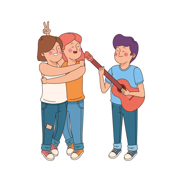 Abrazado dibujos animados adolescente niñas y niño jugando guitarra — Vector de stock