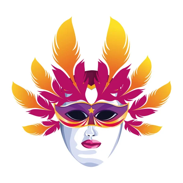 Masquerade mask med färgglada fjädrar, färgglada platt design — Stock vektor