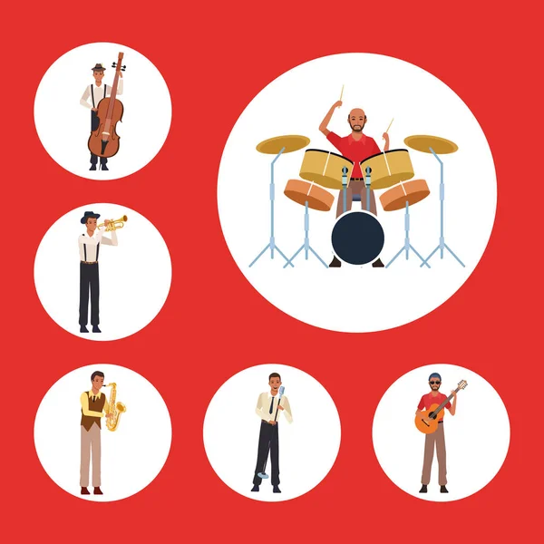 Set of Jazz zenei zenekar énekes és zenészek hangszerekkel, színes design — Stock Vector