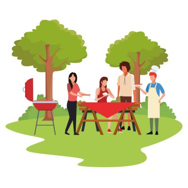 bbq ve piknik yapan avatar arkadaşlar, renkli tasarım