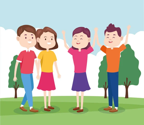 Мультфильм о счастливых друзьях-подростках в парке — стоковый вектор