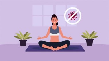 Kovid19 önleme yöntemi için evde yoga yapan kadın.