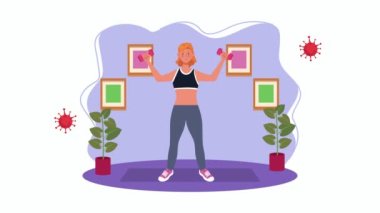 Kovid19 önleme yöntemi için evde egzersiz yapan kadın.