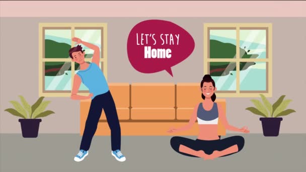 Pareja practicando yoga y ejercicio en casa para covid19 método de prevención — Vídeos de Stock