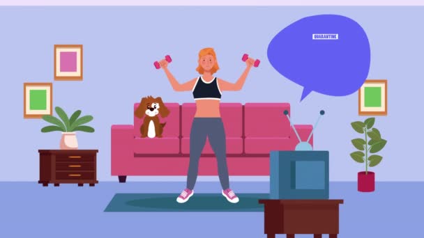 Mujer practicando ejercicio en casa para covid19 método de prevención — Vídeo de stock