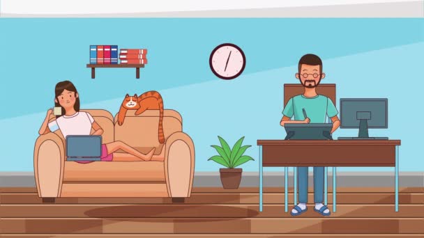 Paar arbeitet von zu Hause aus an Schreibtisch und Sofa durch covid19 Präventionsmethode — Stockvideo
