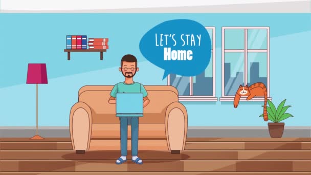 Man arbetar på soffa hemifrån med covid19 förebyggande metod — Stockvideo