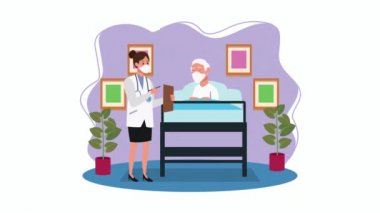 Yaşlı adam, kadın doktorla yatakta. Kovid19 önleme yöntemi için evde kal.