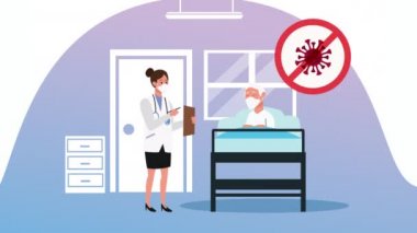 Yaşlı adam, kadın doktorla yatakta. Kovid19 önleme yöntemi için evde kal.