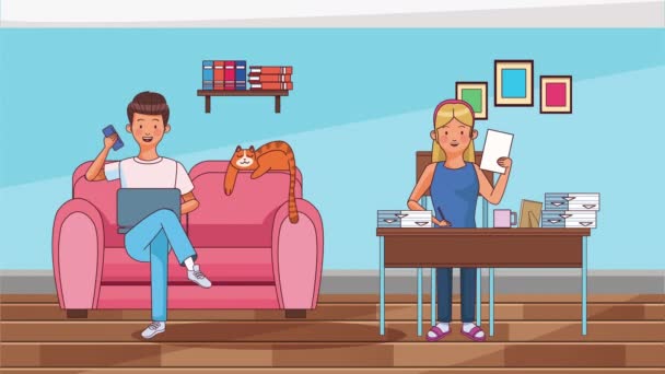 Pareja trabajando en escritorios y sofá desde casa por método de prevención covid19 — Vídeos de Stock