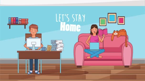 Ζευγάρι που εργάζεται σε γραφεία και καναπέ από το σπίτι με τη μέθοδο πρόληψης covid19 — Αρχείο Βίντεο