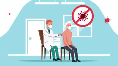 Doktorla birlikte sandalyede oturan yaşlı adam, kovid19 önleme yöntemi için evde kal.