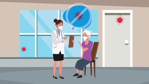 Anciana en silla con médico permanecer en casa para el método de prevención covid19 — Vídeos de Stock