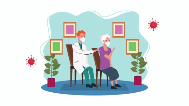 Ηλικιωμένη γυναίκα σε καρέκλα με γιατρό μείνετε στο σπίτι για covid19 μέθοδο πρόληψης — Αρχείο Βίντεο