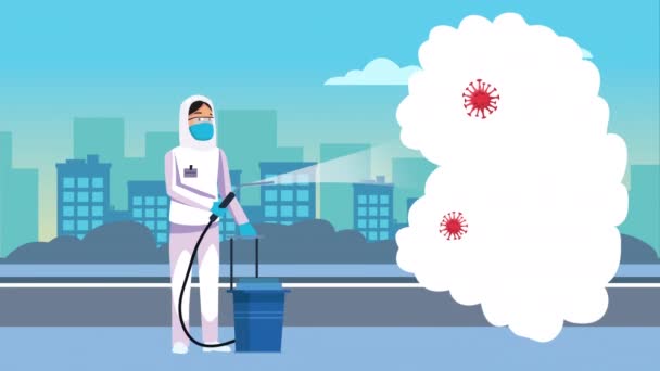 Biosafety worker with spray cleaner covid19 disinfected — Stock Video