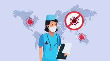 Dünya gezegeninden korunmak için tıbbi maske takan hemşire.