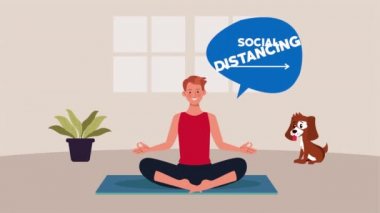 Covid19 önleme yöntemi için evde yoga yapan bir adam.