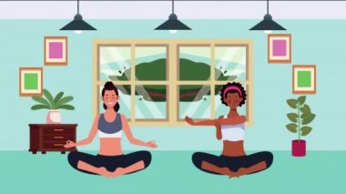 Kovid19 önleme yöntemi için evde yoga yapan ırklar arası kızlar.